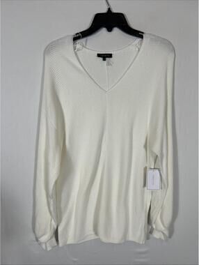 $90 1state White Ribbed V-Neck Sweater With Balloon Sleeves S